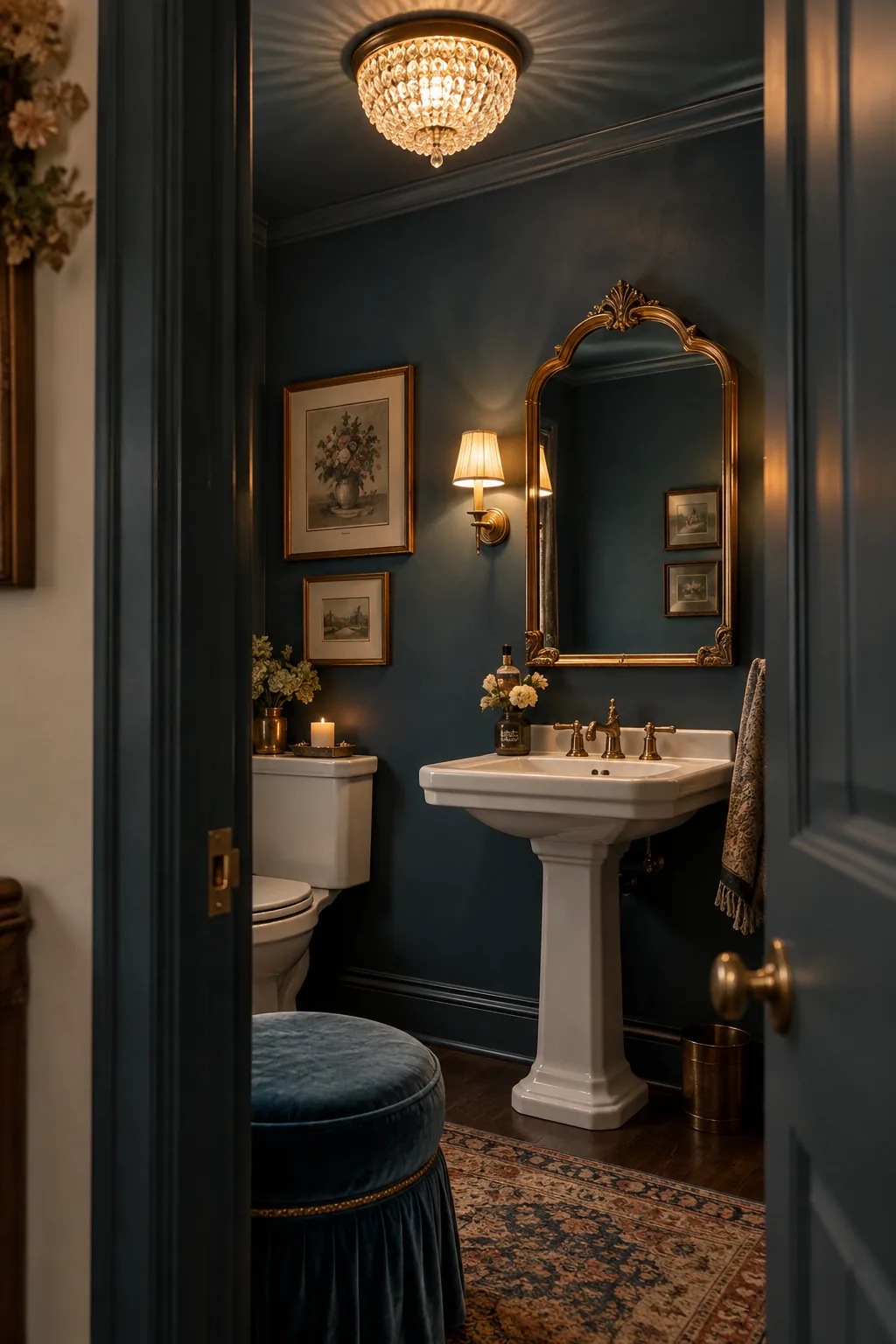 Small powder room painted entirely in slate blue including the ceiling