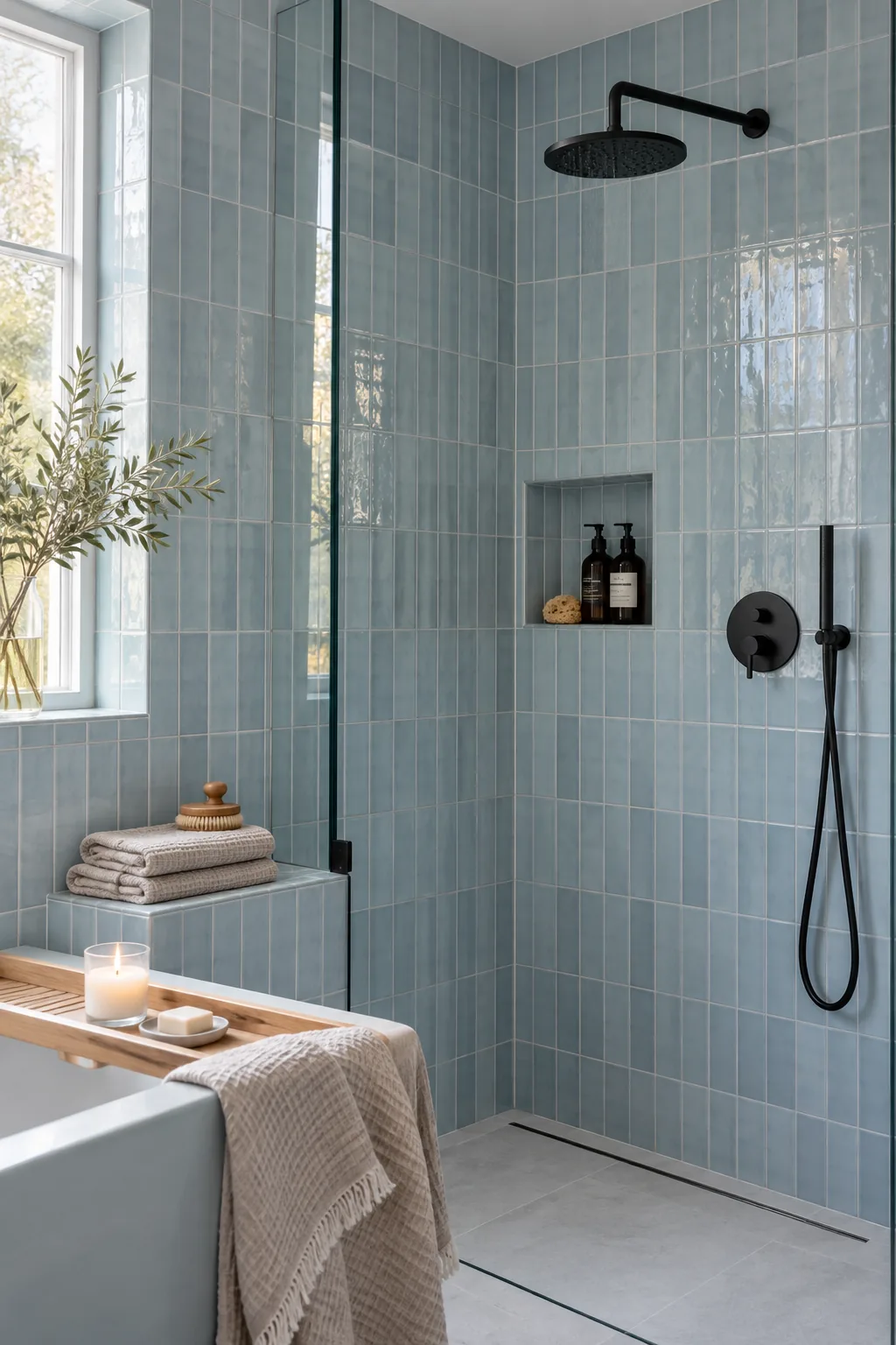 Shower surround featuring light blue subway tile stacked vertically