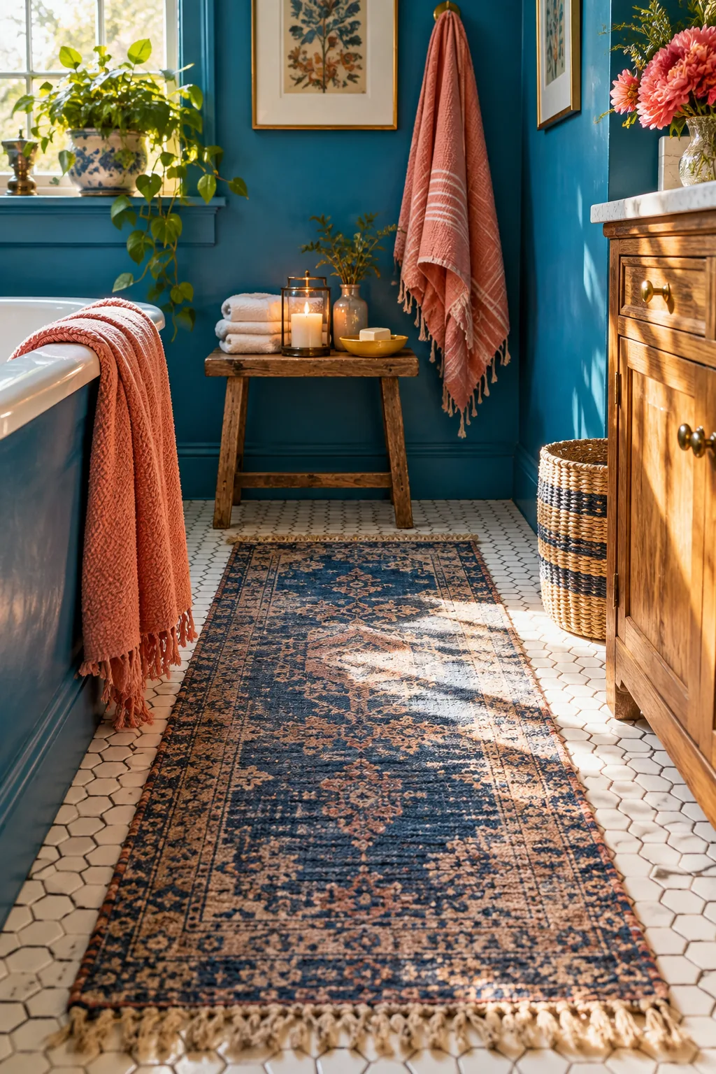 Faded indigo blue vintage runner rug on a bathroom tile floor