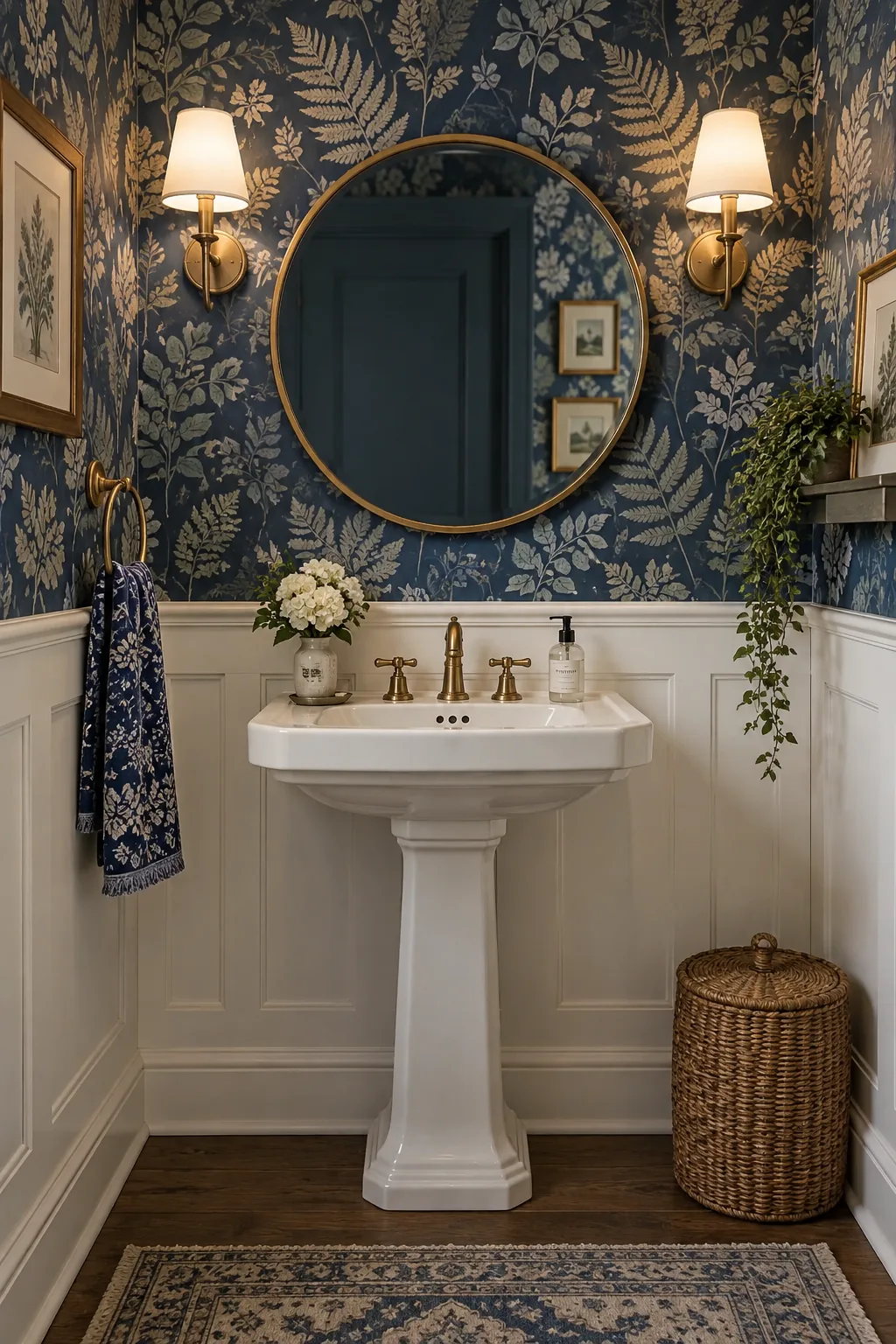 Half bathroom with blue botanical wallpaper above white wainscoting