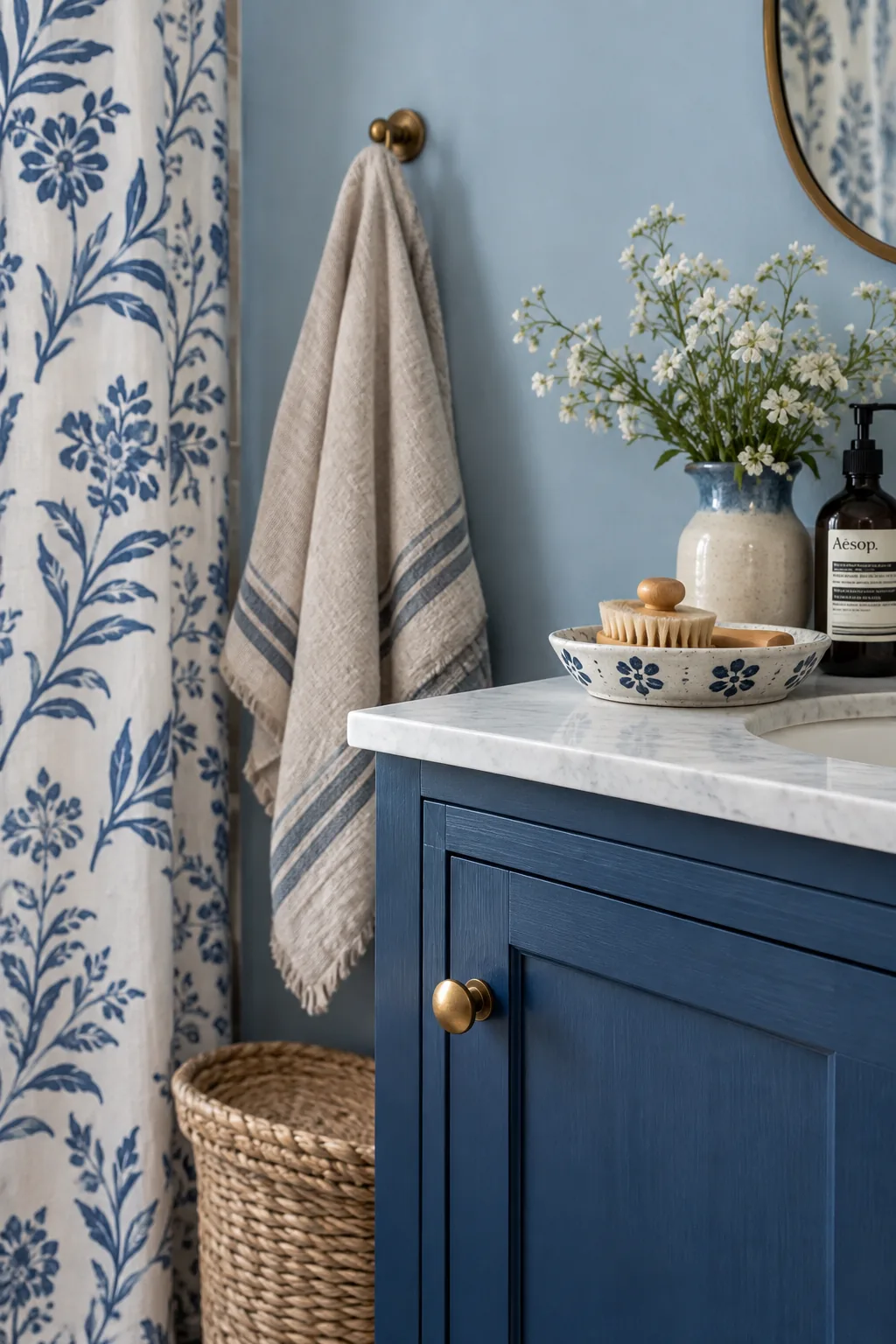 Bathroom with powder blue walls and a rich indigo vanity