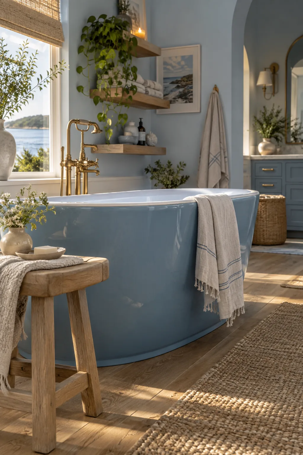Cerulean blue bathtub with a white oak stool nearby