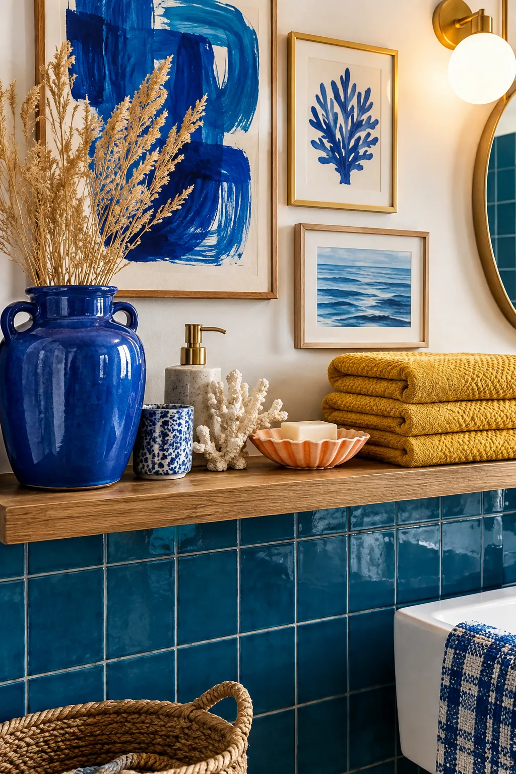 Gallery wall of blue watercolor prints in a neutral bathroom