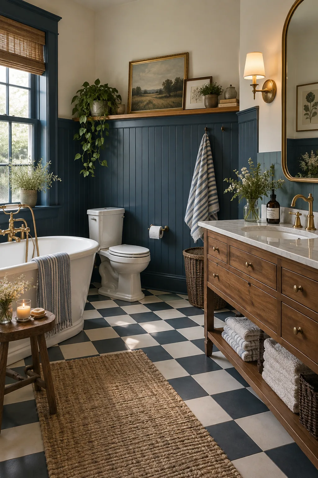 Bathroom featuring navy blue beadboard running two-thirds up the wall