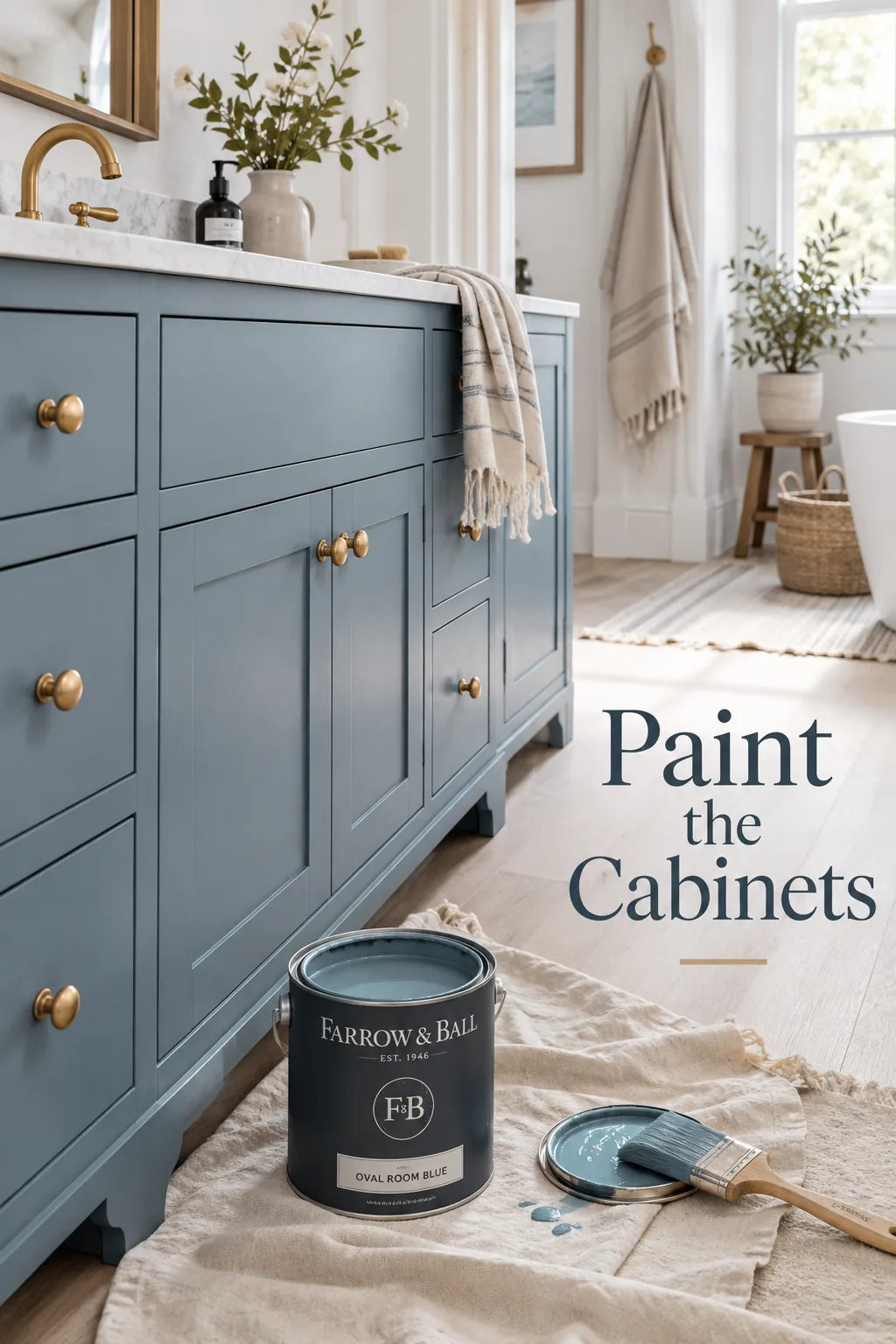 Freshly painted dusty blue bathroom vanity with satin brass hardware