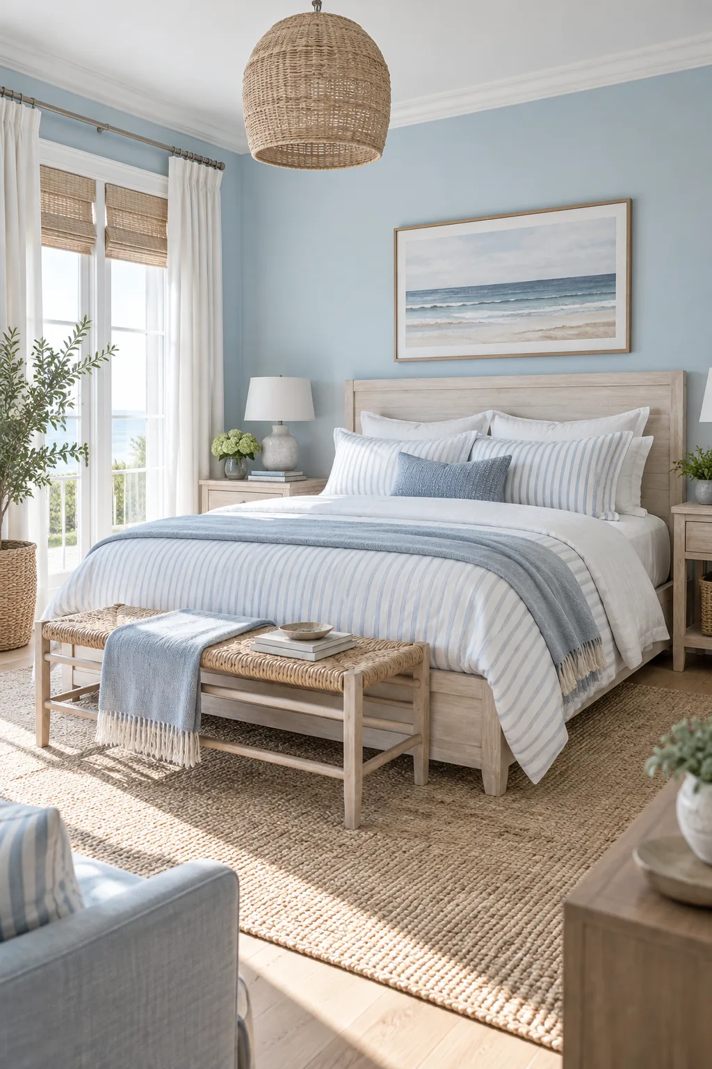 A bright coastal bedroom with pale blue walls and whitewashed wood furniture.