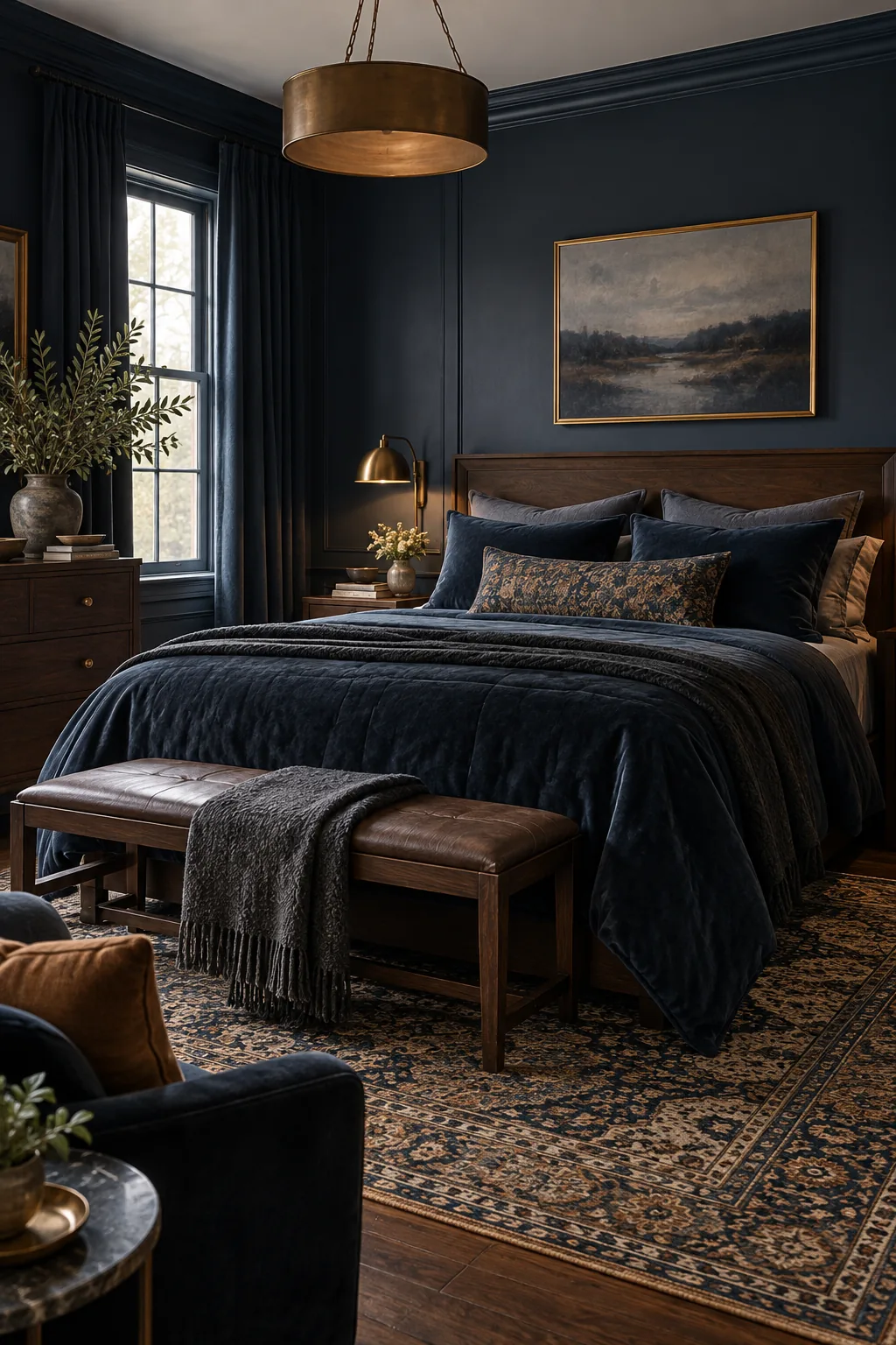 A moody bedroom with dark navy walls and rich dark walnut furniture.