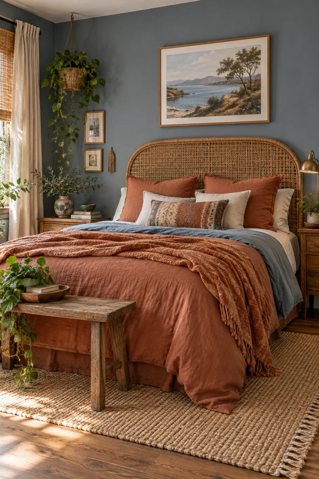 A bohemian bedroom with slate blue walls, a rattan headboard, and rust-colored linens.