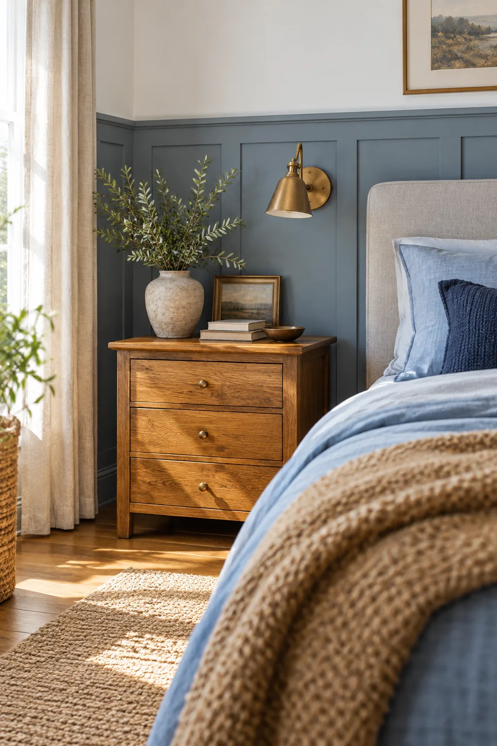 Dusty blue wainscoting with a 10 percent brown undertone on a bedroom wall.