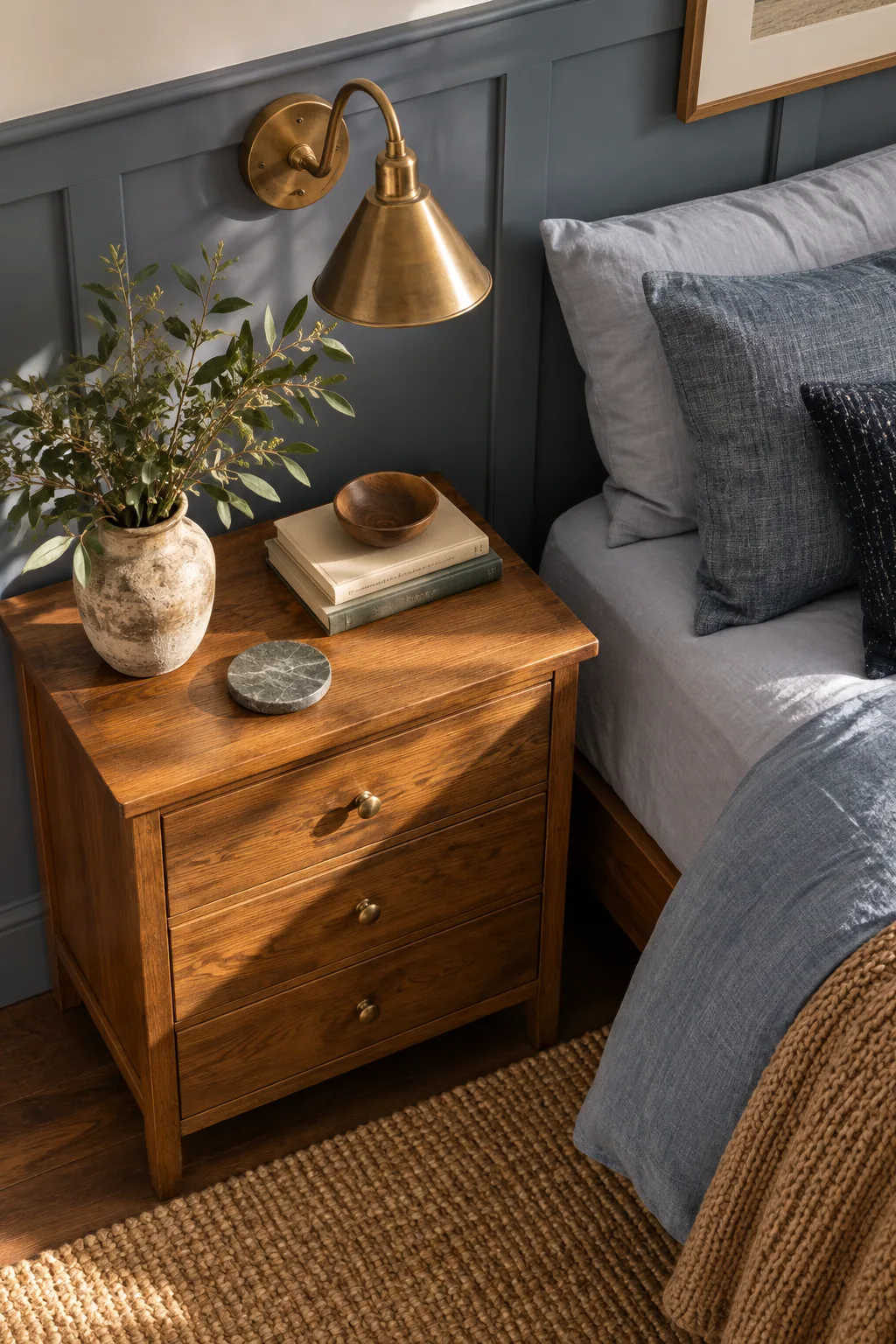 An amber-toned wood nightstand sitting against a dusty blue paneled wall.