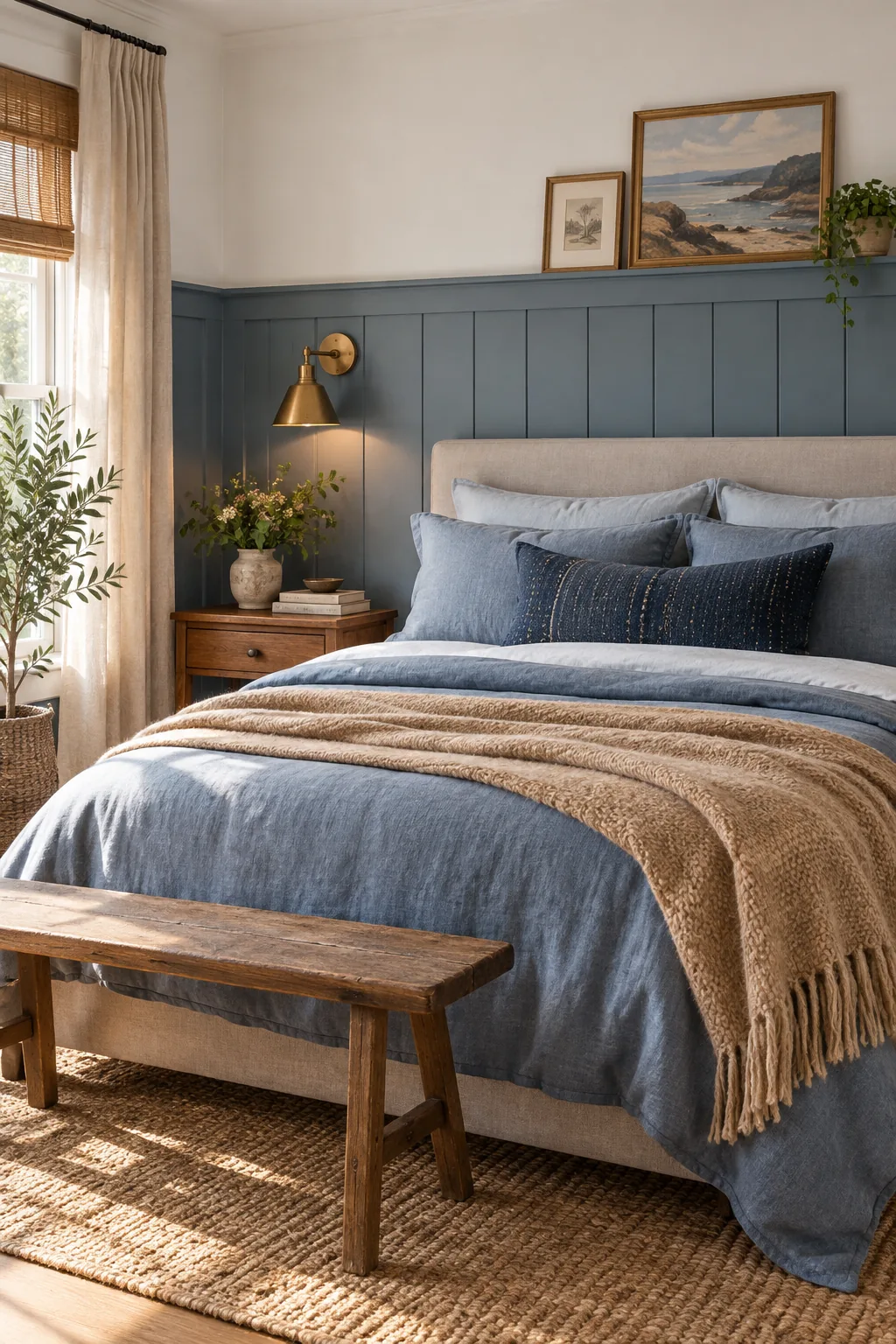 An unlacquered brass wall sconce mounted on blue wainscoting above a nightstand.