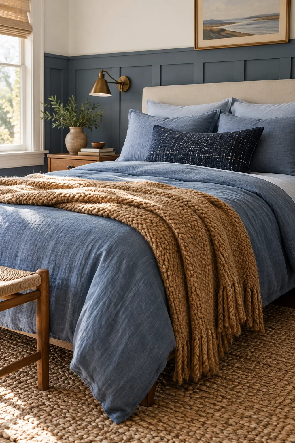 A stack of bed pillows in three distinct shades of blue, from light to dark navy.