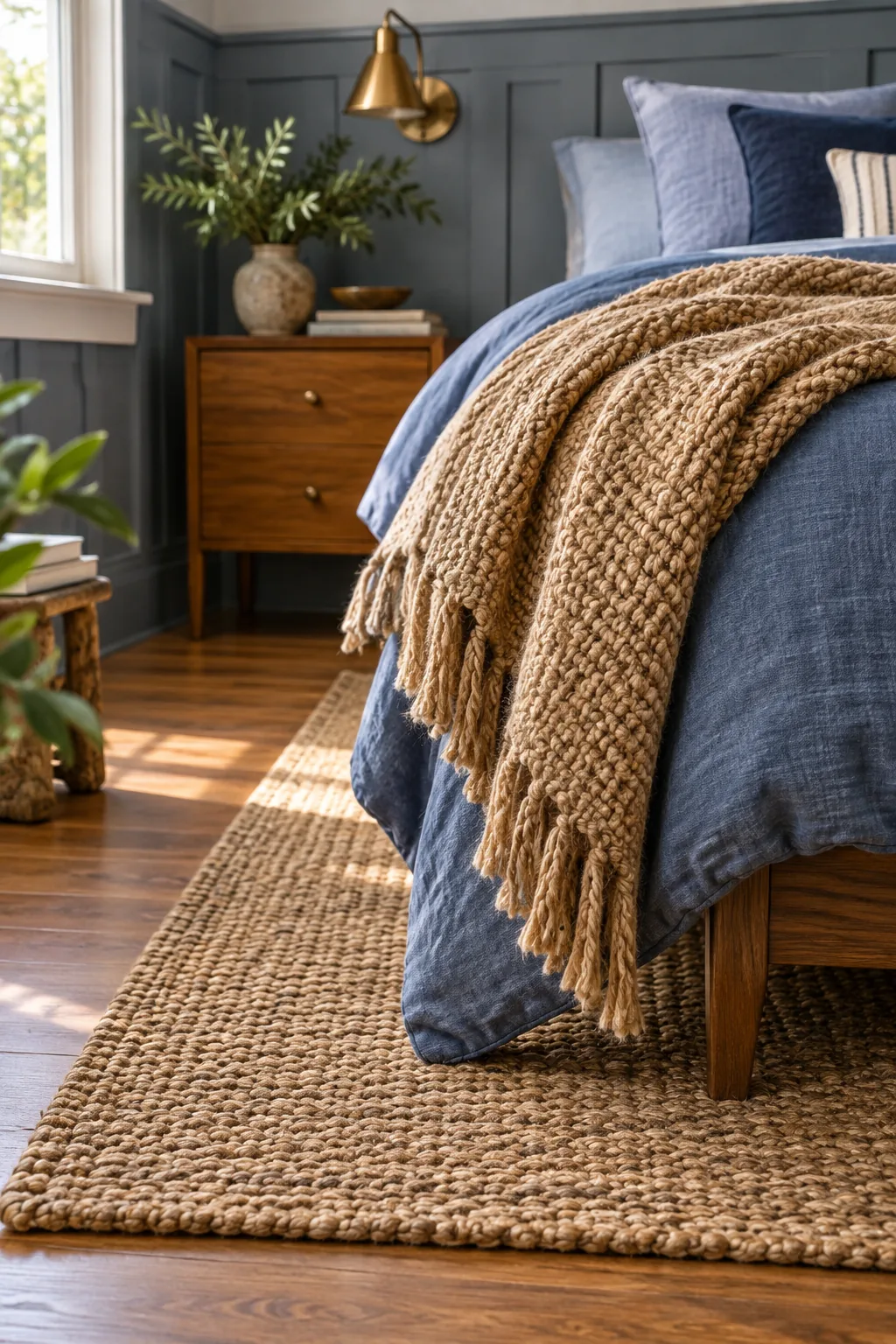 A chunky camel wool throw blanket draped over a soft blue linen duvet.