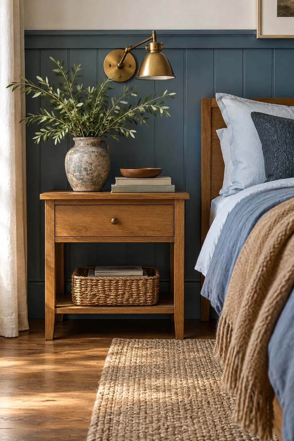 A textured natural jute rug under a bed with blue linens.