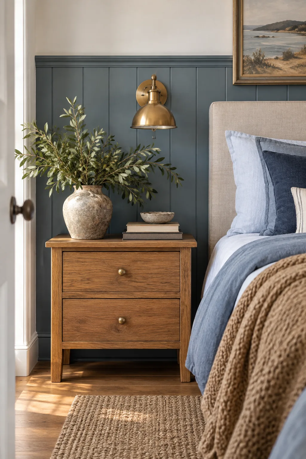 A rustic ceramic vase with leafy green branches on a wood nightstand against a blue wall.
