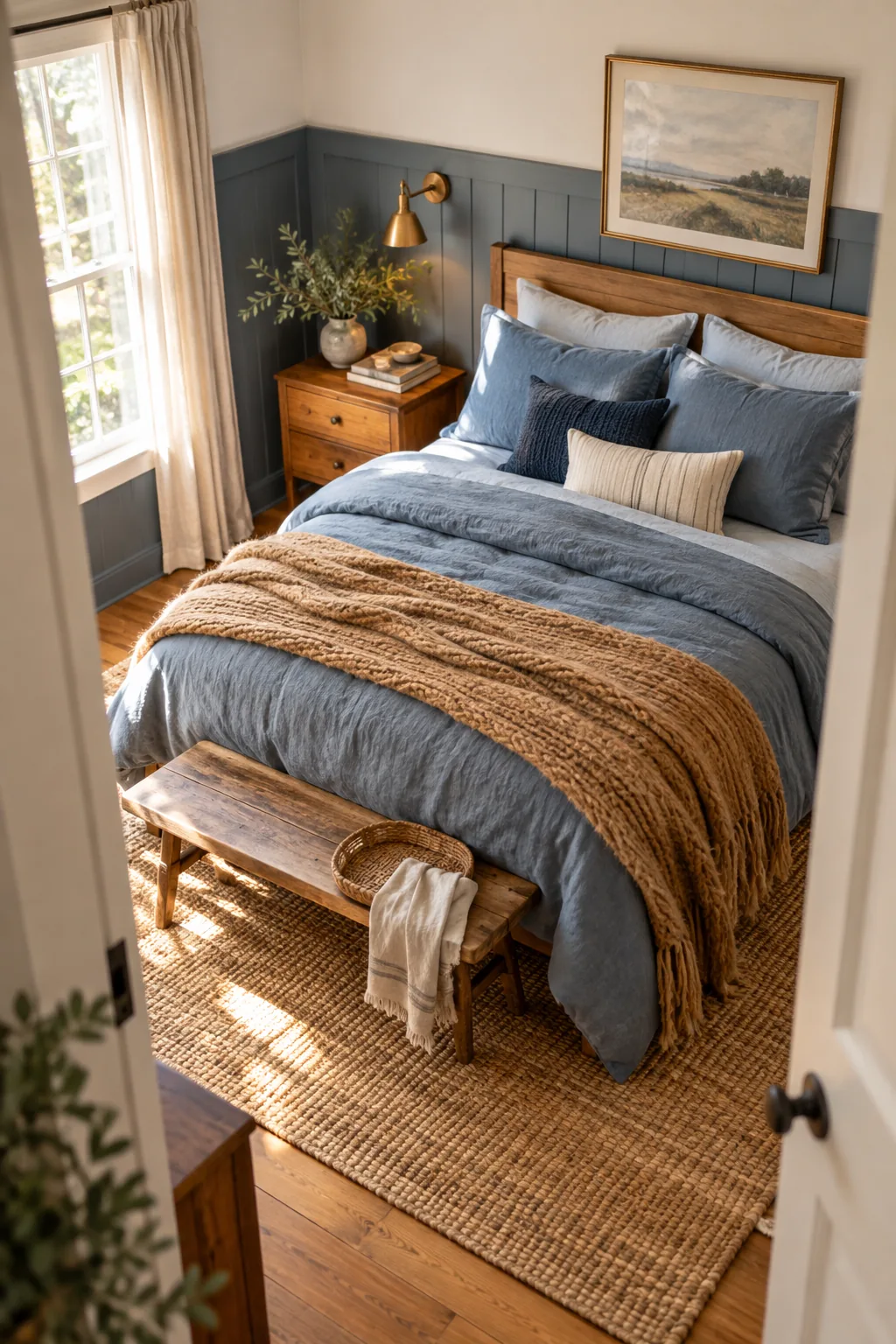 Wide view of the finished bedroom showing blue walls, wood furniture, and layered bedding.