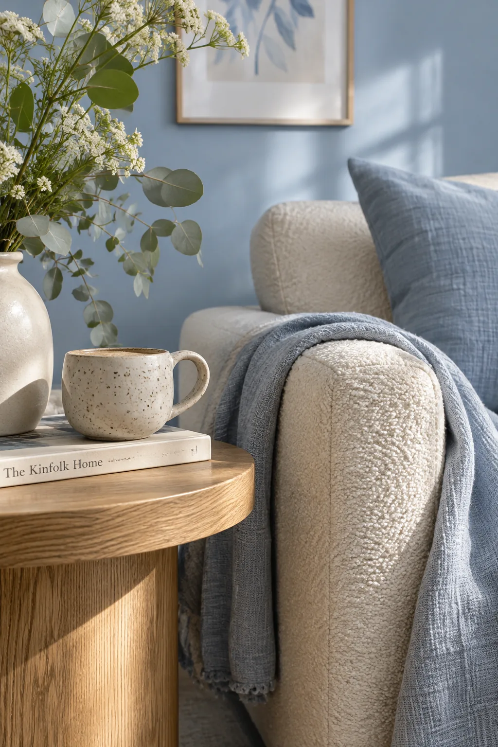 Living room with powder blue walls and a cream sofa