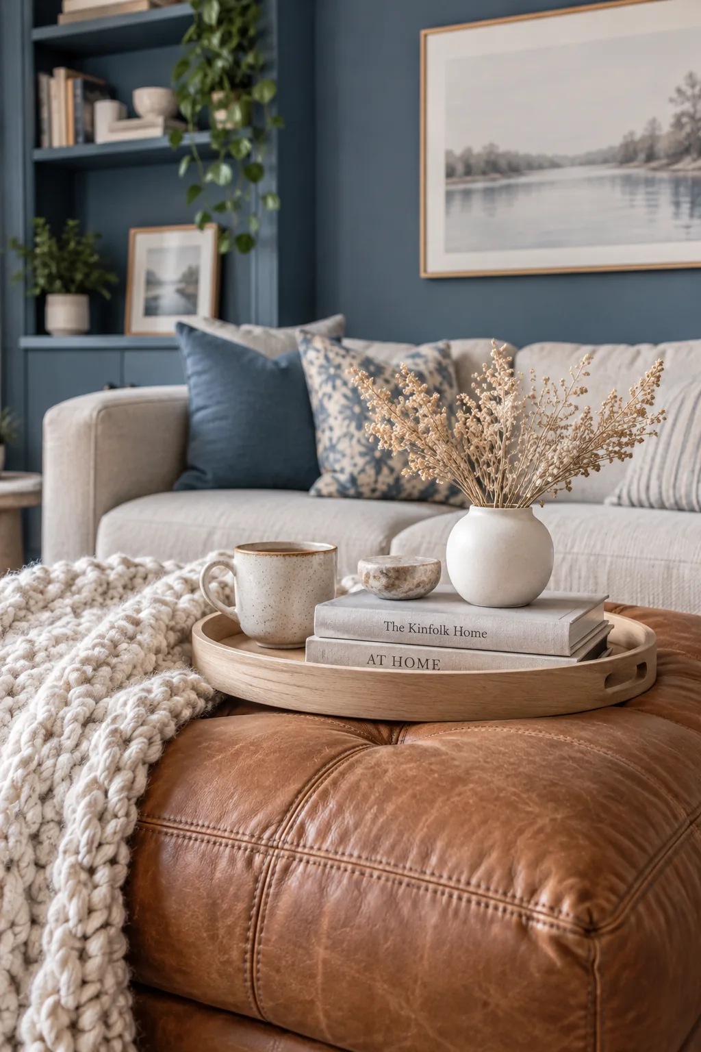 Blue living room featuring a chunky camel leather ottoman