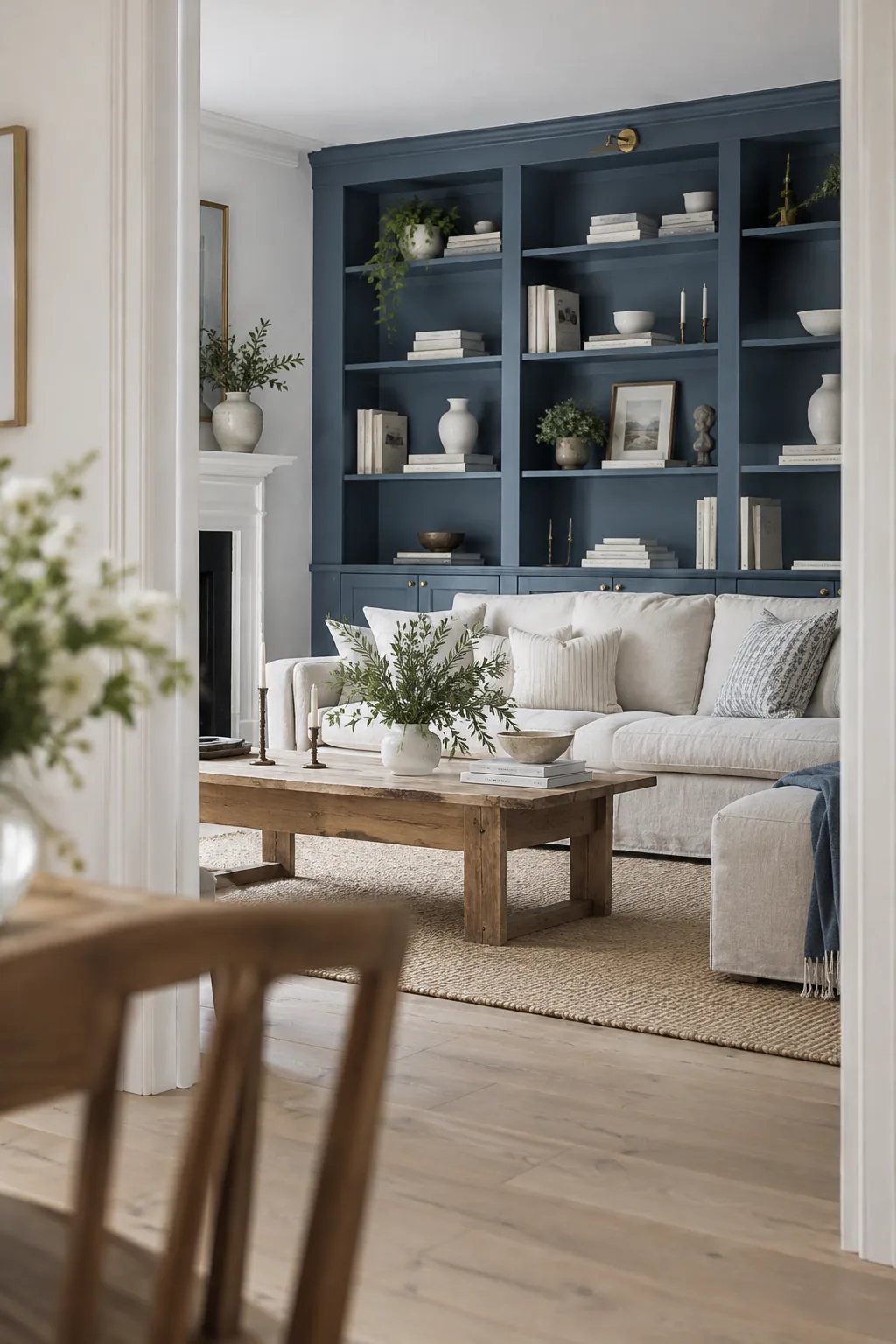 Slate blue painted built-in bookshelves styled with white ceramics