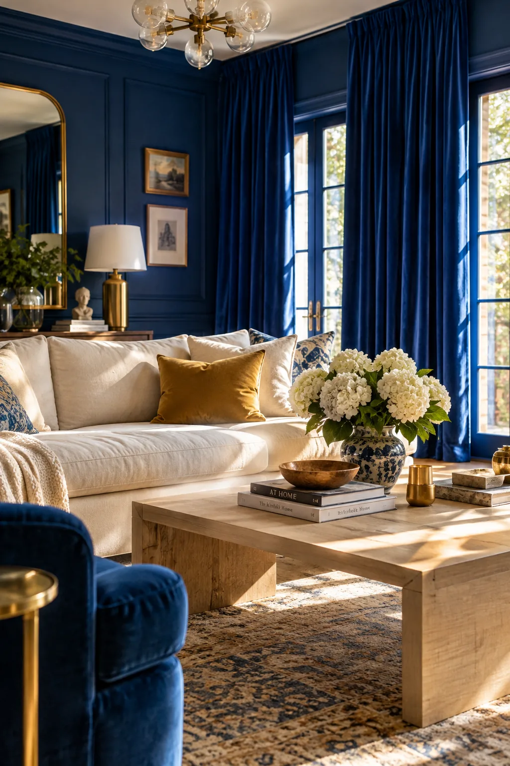 Floor-to-ceiling blue velvet curtains in a neutral living room