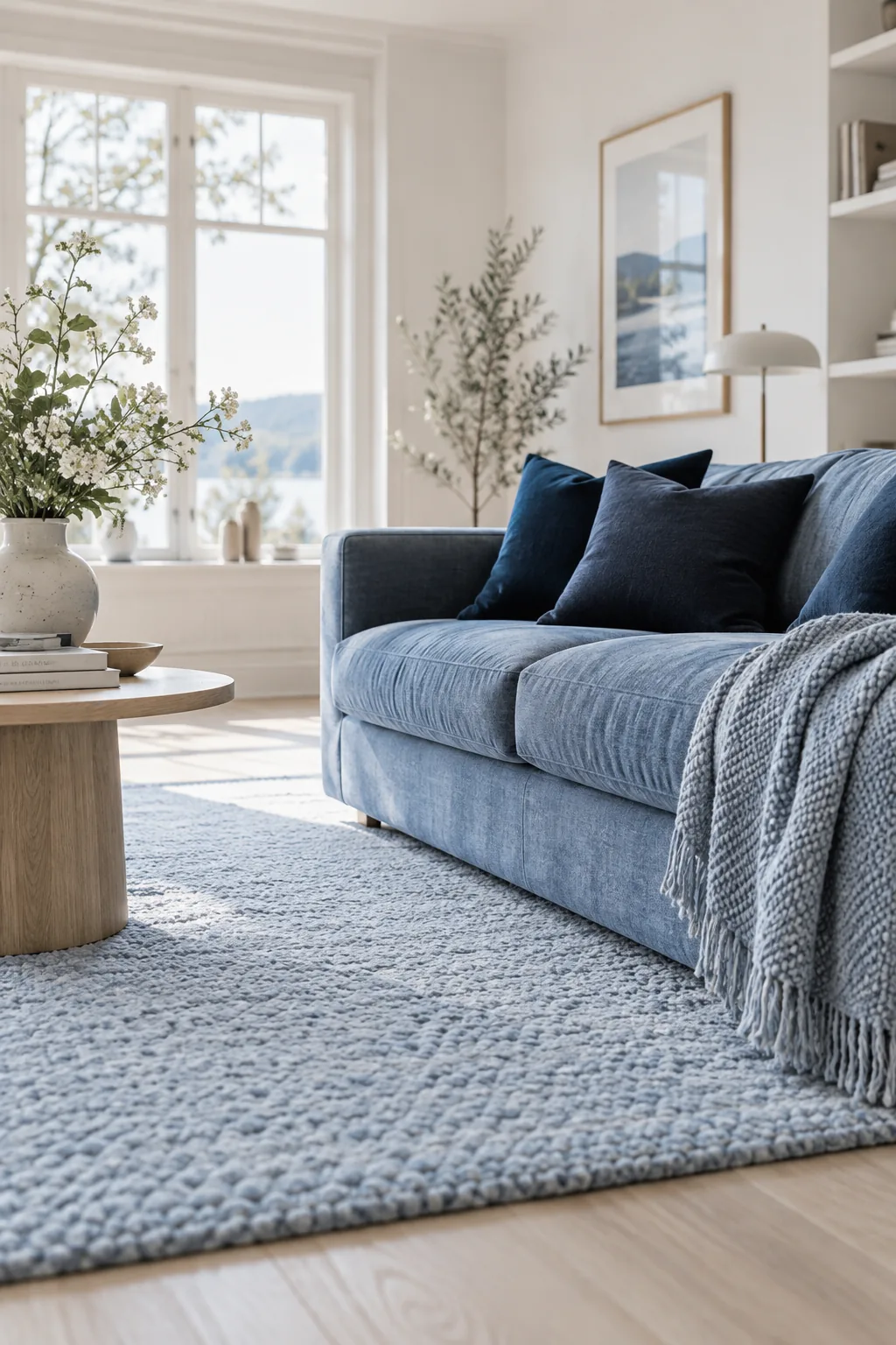 Living room featuring a pale blue rug, denim sofa, and navy pillows