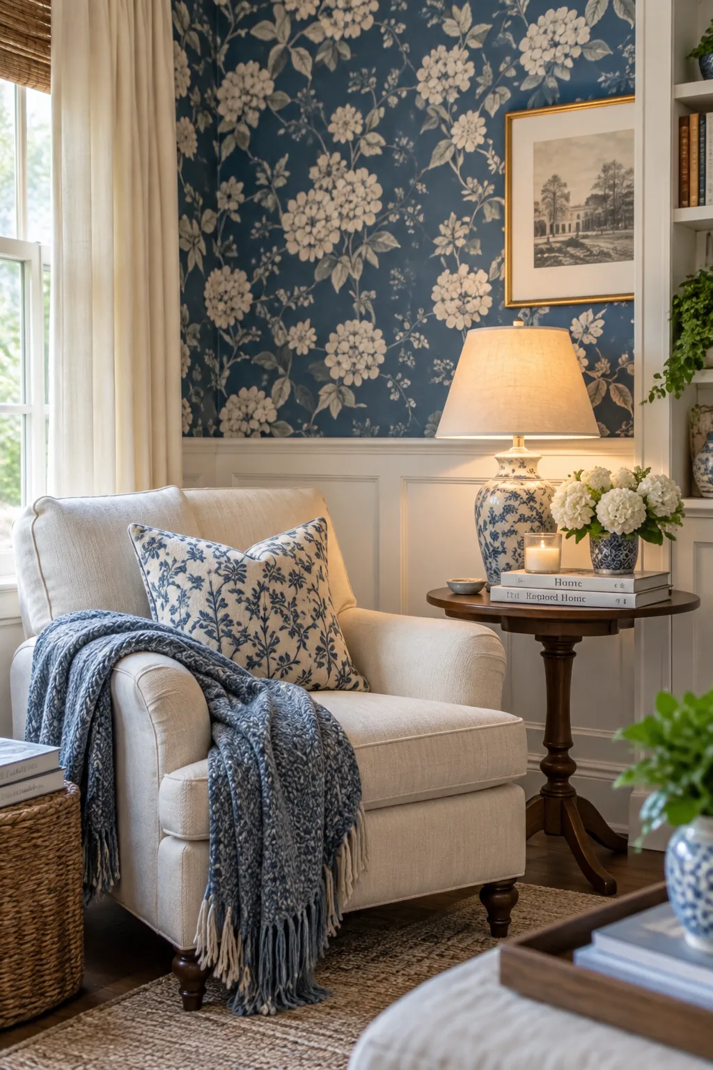 Floral blue wallpaper installed above classic white wainscoting