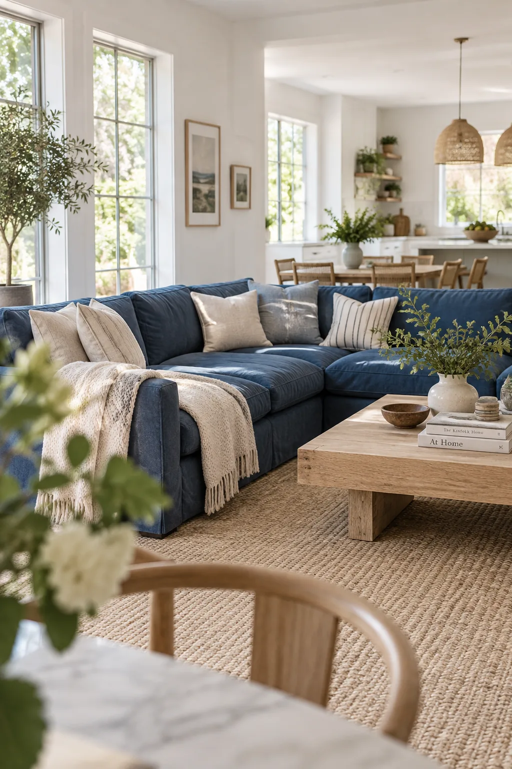 Oversized blue sectional sofa in an open concept white living room