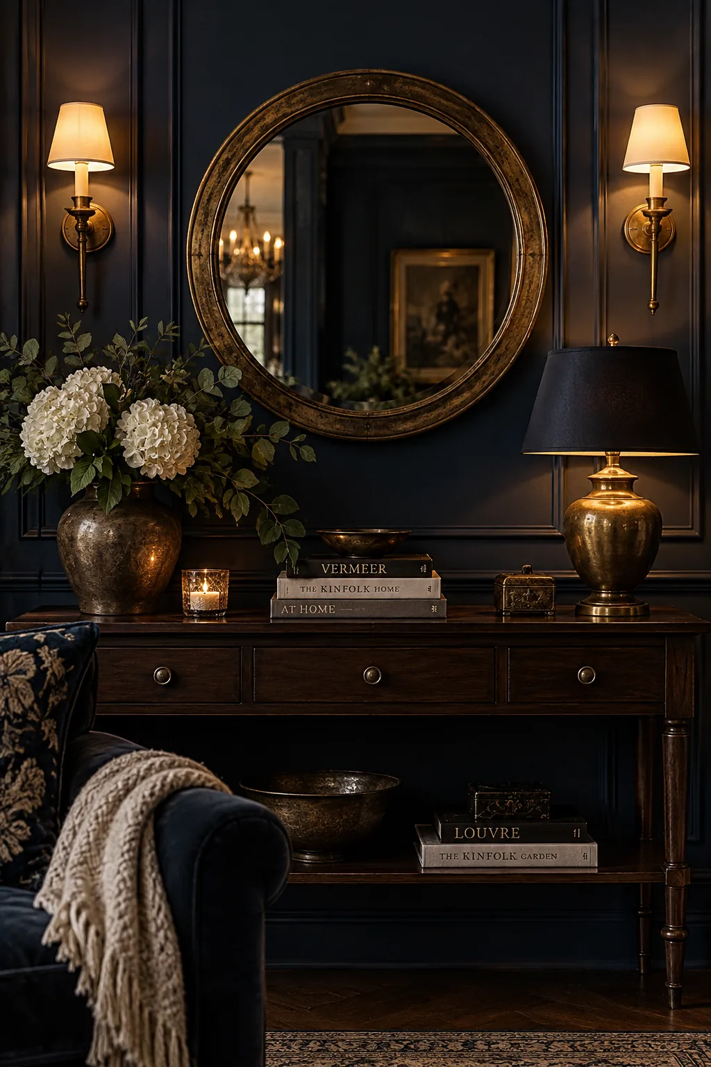 Midnight blue living room featuring antique brass picture lights and mirrors