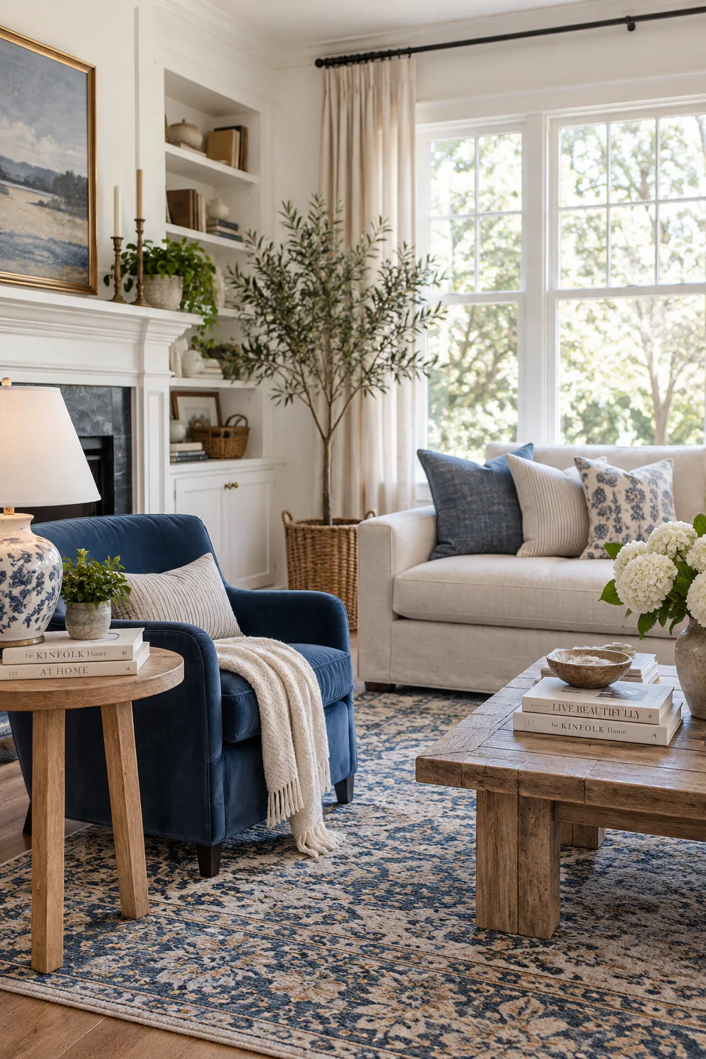Neutral living room featuring cobalt blue accent chairs and a blue vintage rug