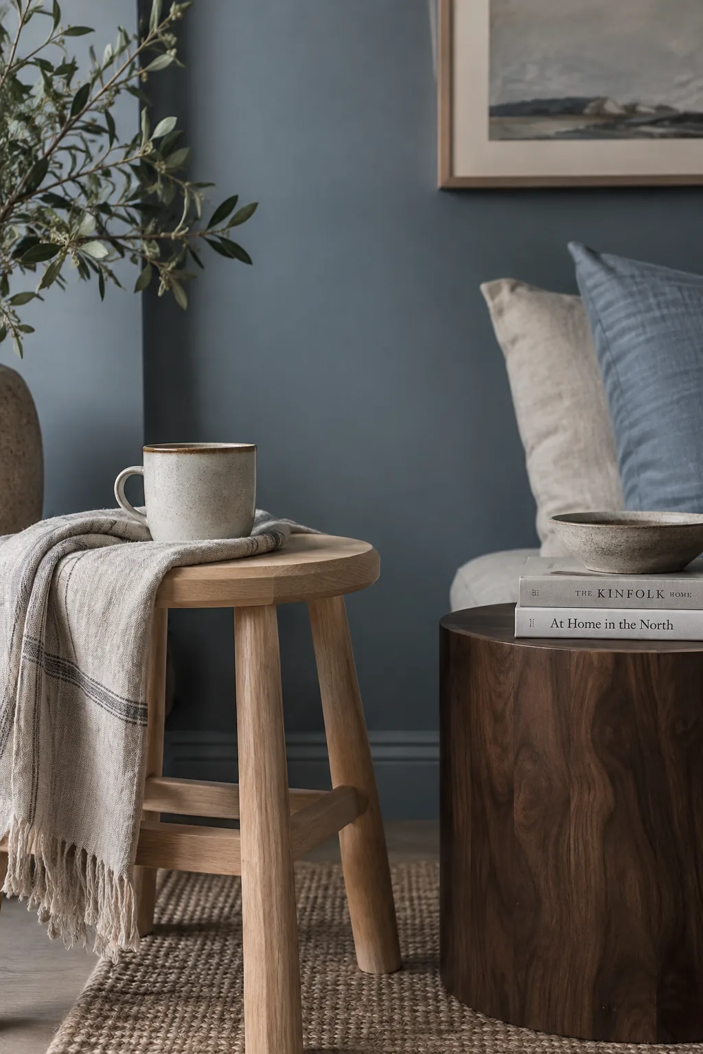 Living room painted in muted gray-blue paired with walnut wood furniture