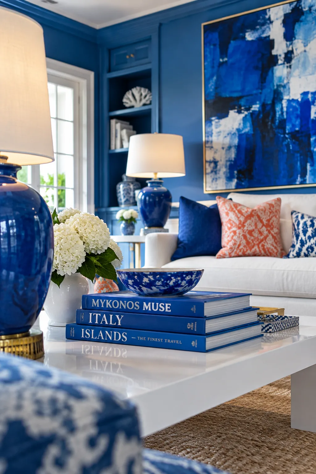 Living room styled with blue ceramic lamps, books, and abstract art