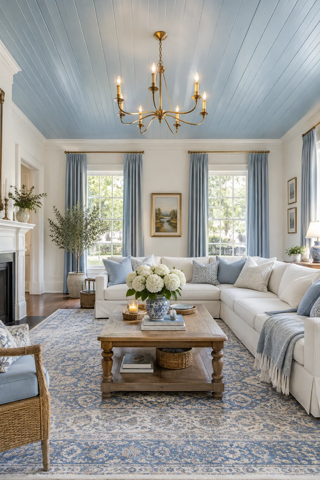 Living room with a soft sky blue painted ceiling and white walls