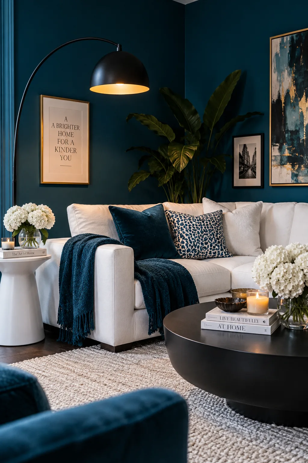 Peacock blue walls contrasted with stark white modern furniture