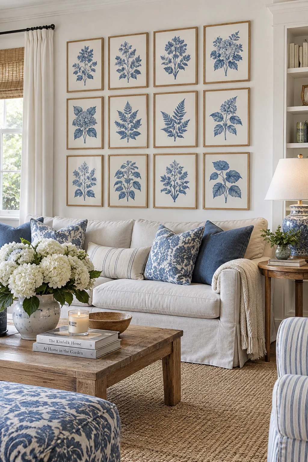 Grid of blue botanical prints in light oak frames above a sofa