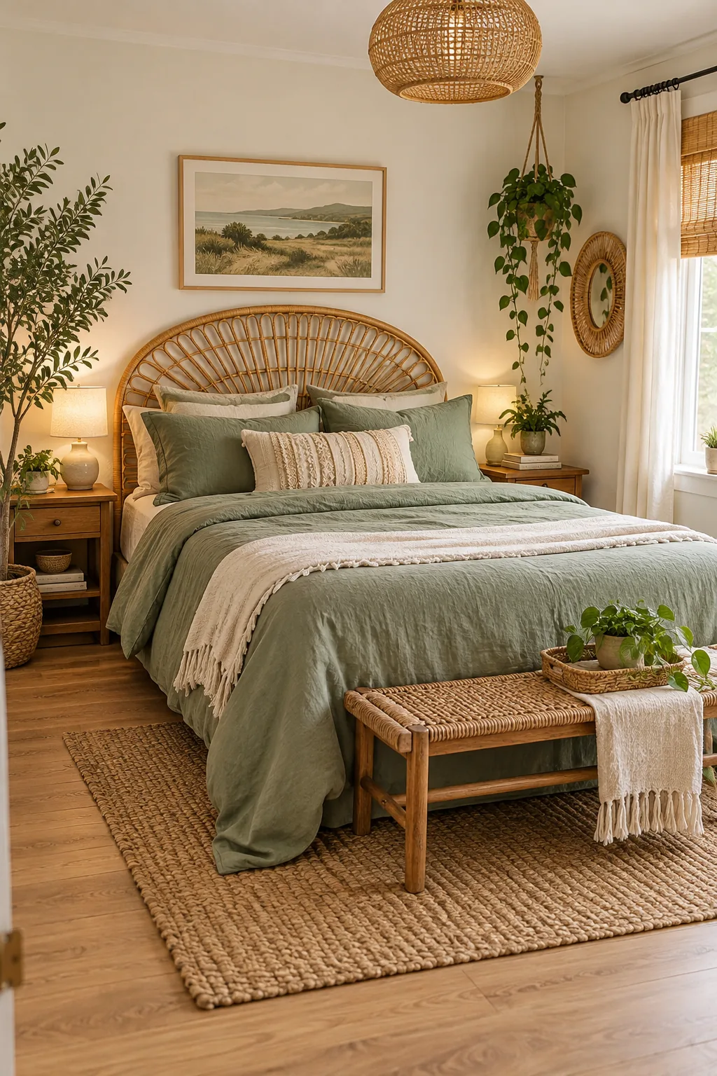 Boho guest bedroom styled with sage green linens and a curved rattan headboard.