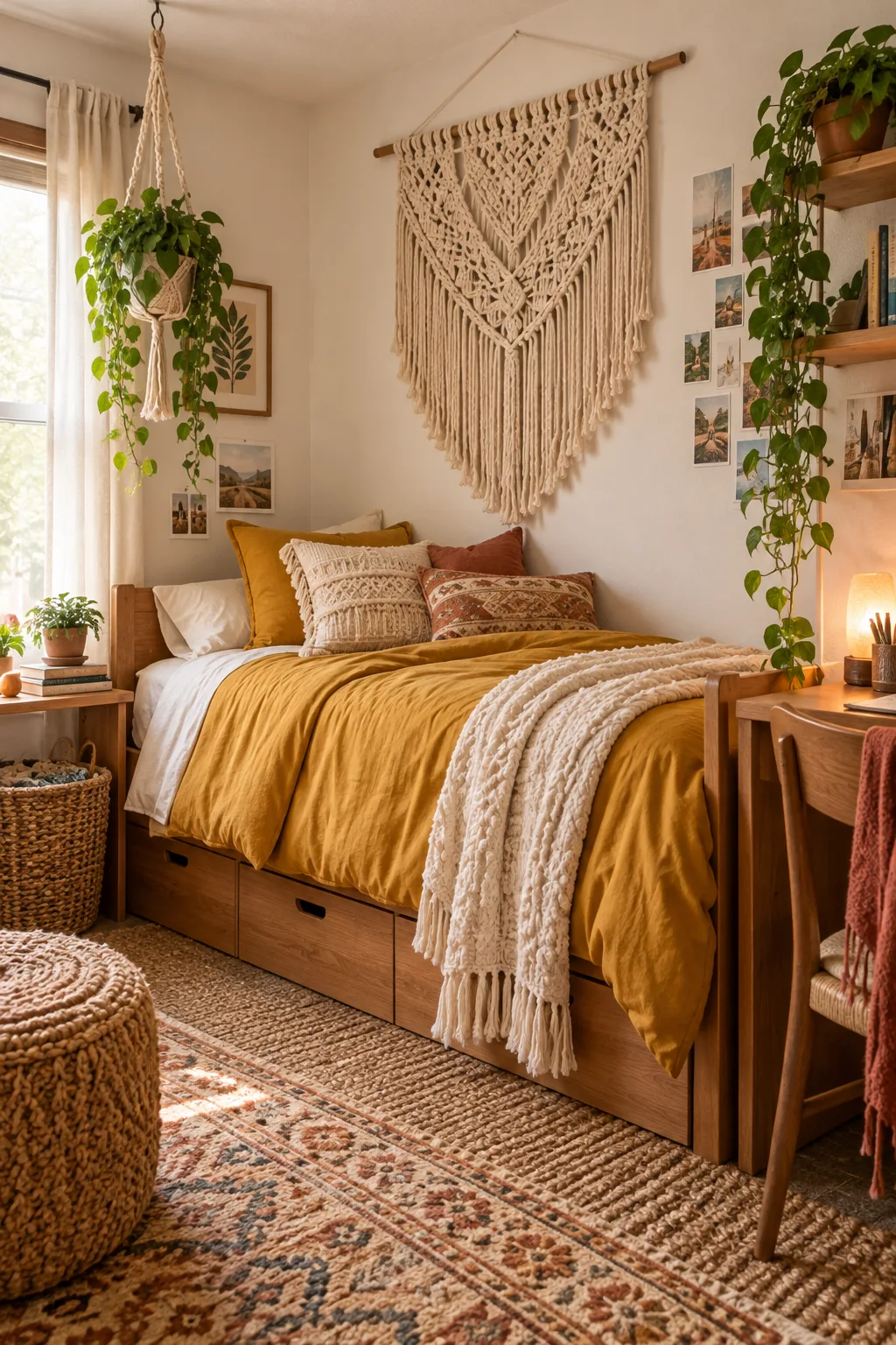 Small boho dorm room with a mustard yellow bed and a large macrame wall hanging.