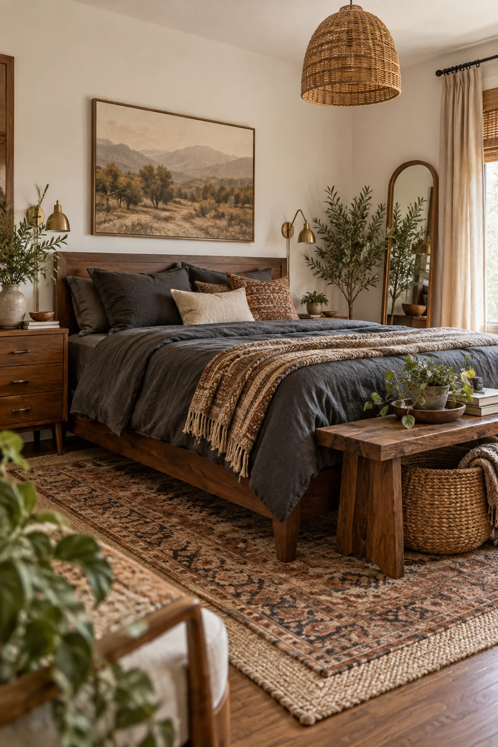 Moody boho bedroom with charcoal linen bedding and warm walnut wood nightstands.