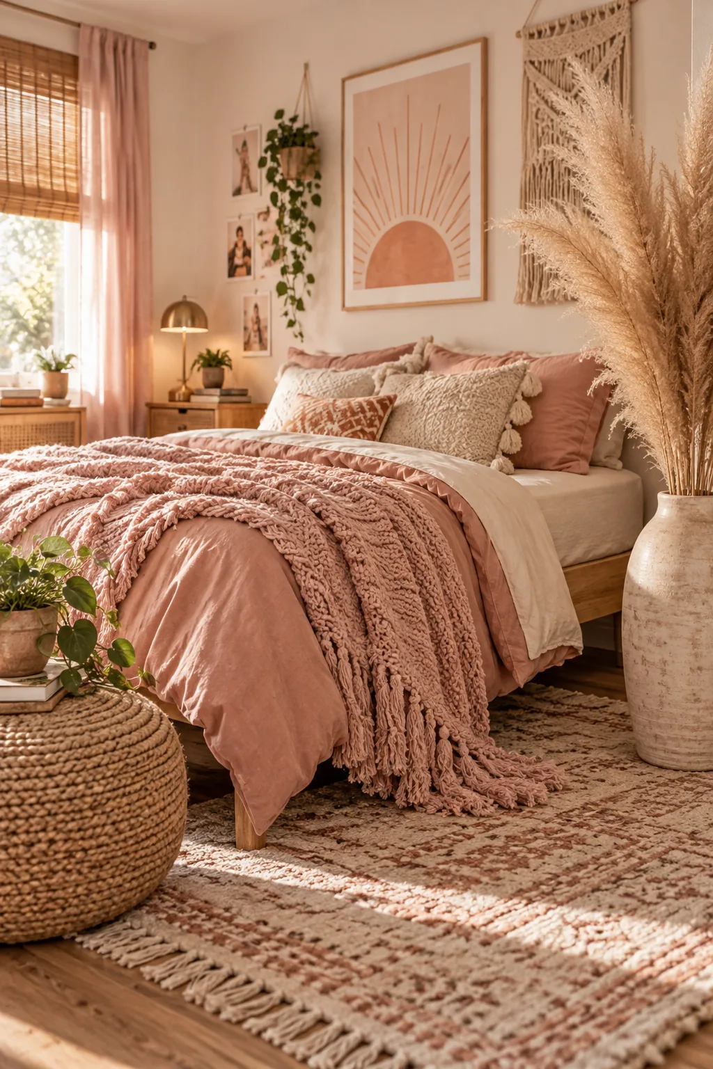 Boho teen bedroom decorated with blush pink blankets and dried pampas grass in a floor vase.