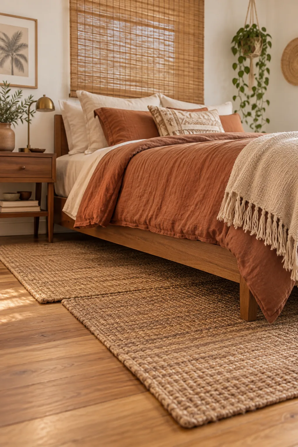 Two natural jute rugs layered and offset beneath a wooden bed frame on a hardwood floor.