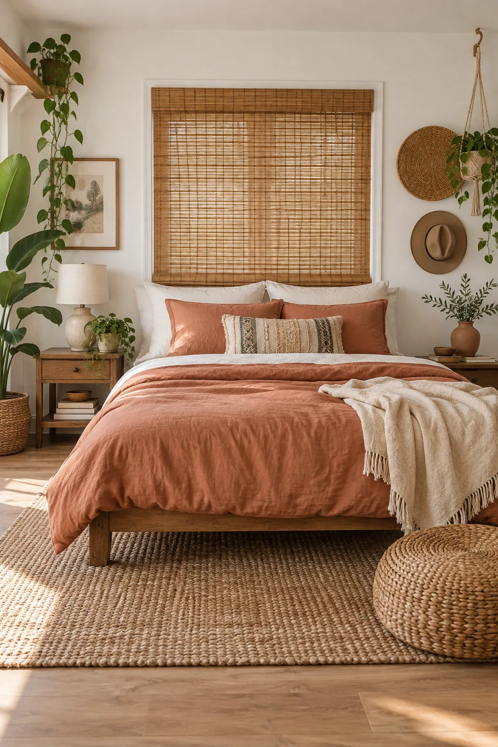 Woven bamboo window blind hung flat against a white wall behind stacked bed pillows.