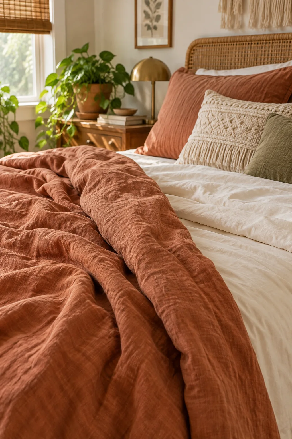 Crumpled terracotta linen duvet folded back over smooth cream bed sheets on a cozy bed.