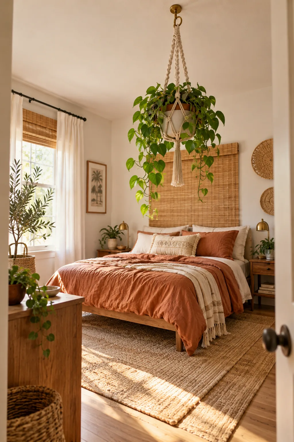 Brass ceiling swag hook holding a macrame hanging planter with trailing pothos.