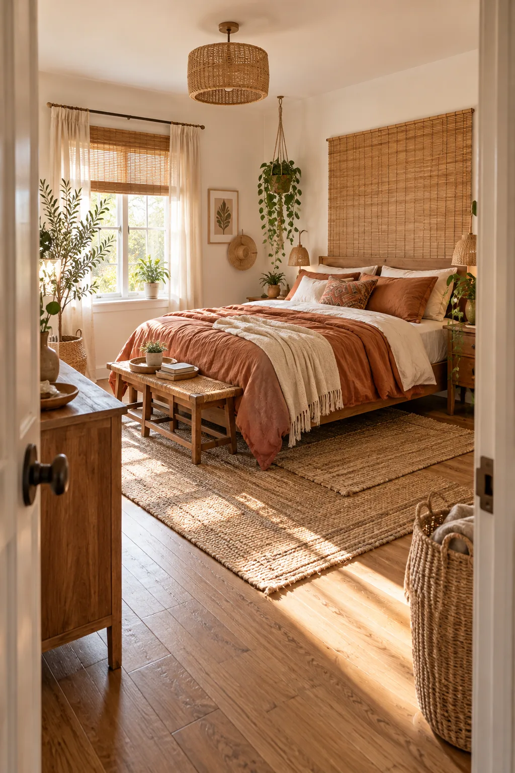 Sunlit boho bedroom showcasing a bamboo headboard, terracotta bedding, layered rugs, and hanging plants.