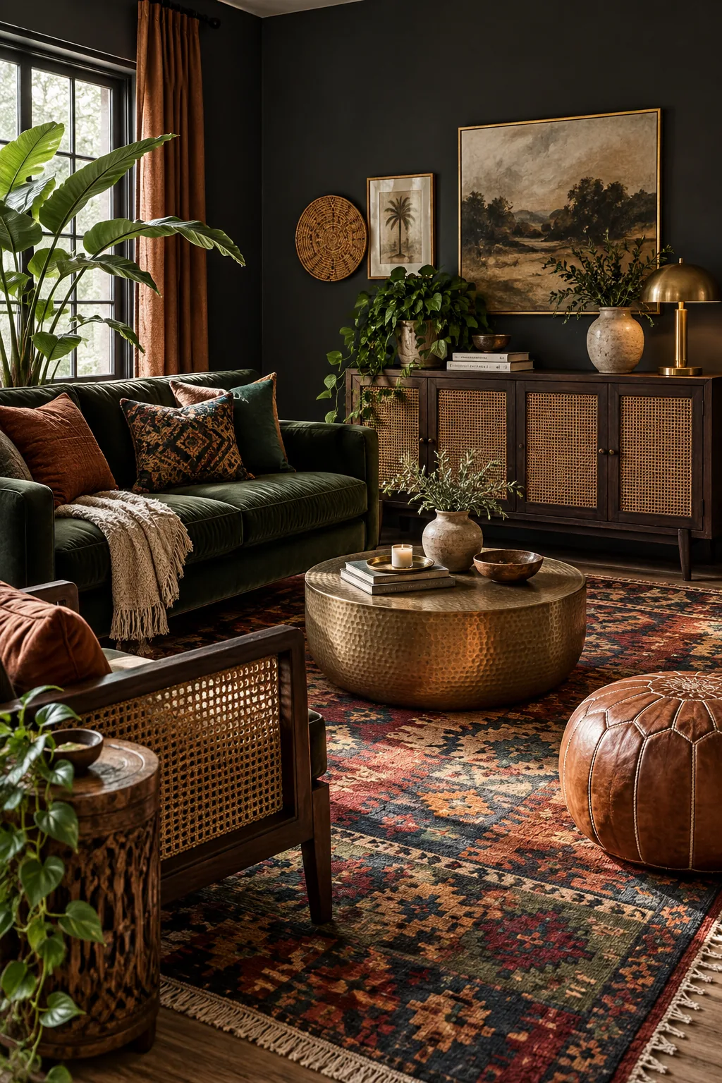 Moody boho living room with charcoal walls, a velvet sofa, and a jewel-toned kilim rug.