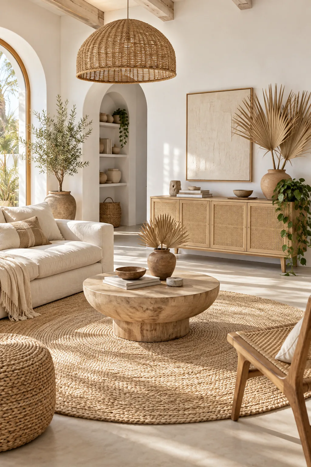 Minimalist boho living room with white walls, pale wood furniture, and dried palm leaves.