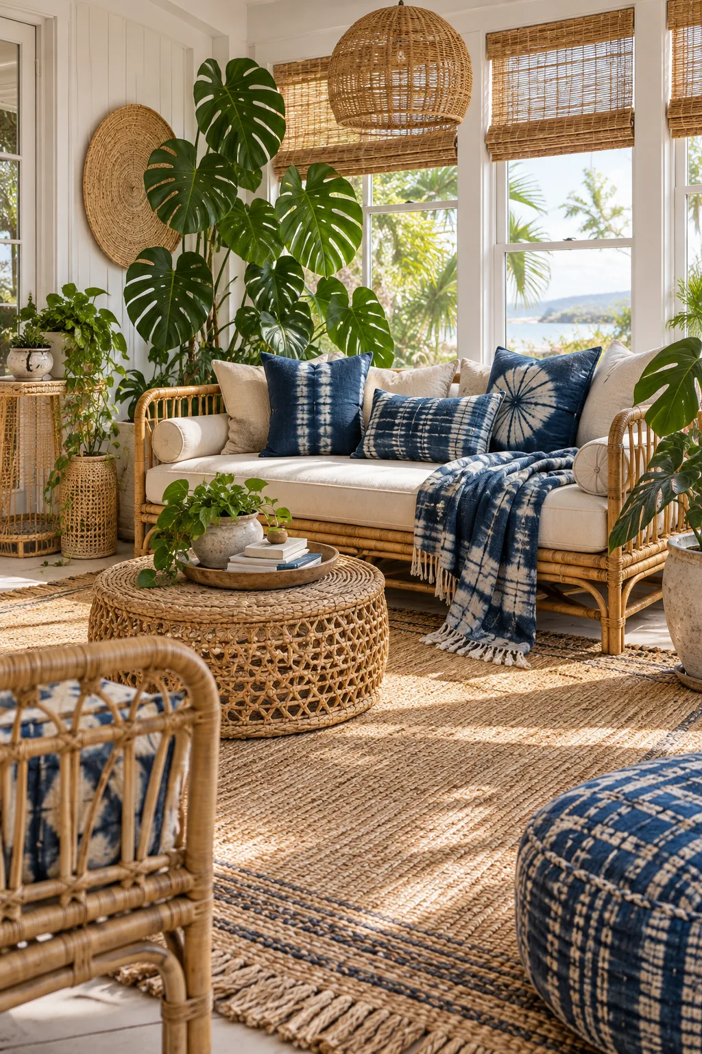 Coastal boho sunroom with a rattan daybed, indigo textiles, and lush green plants.