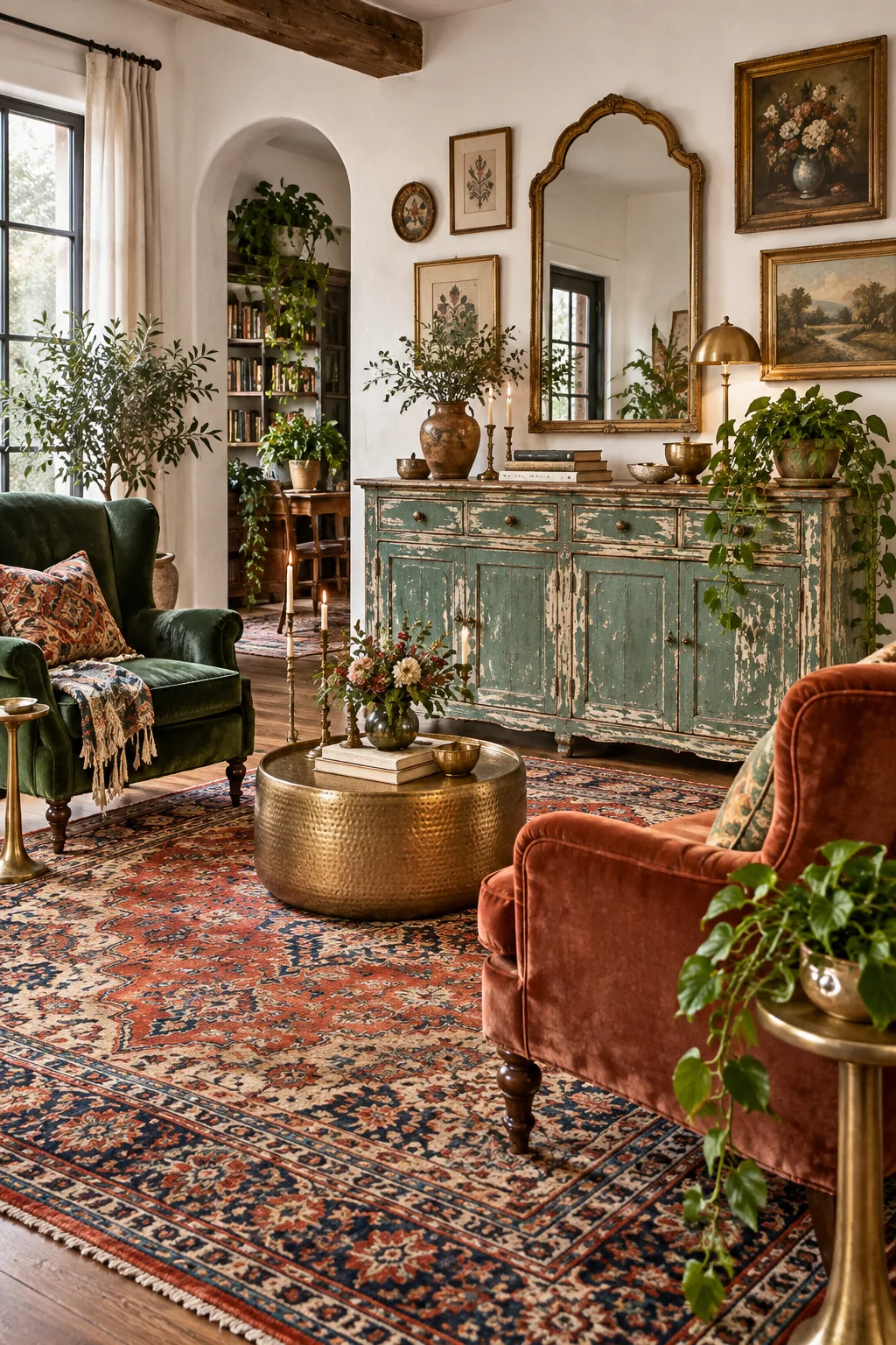 Eclectic boho living room with a colorful Persian rug, mismatched chairs, and a distressed sideboard.