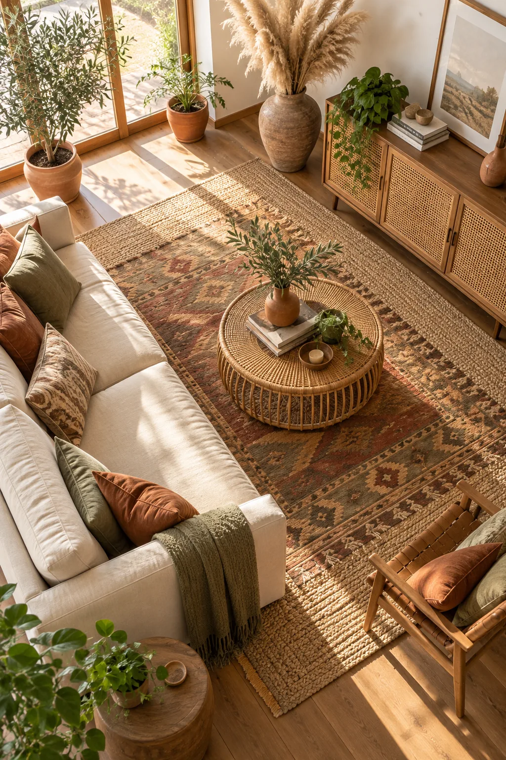 Sunlit living room with a cream sofa, layered rugs, and a wooden sideboard.