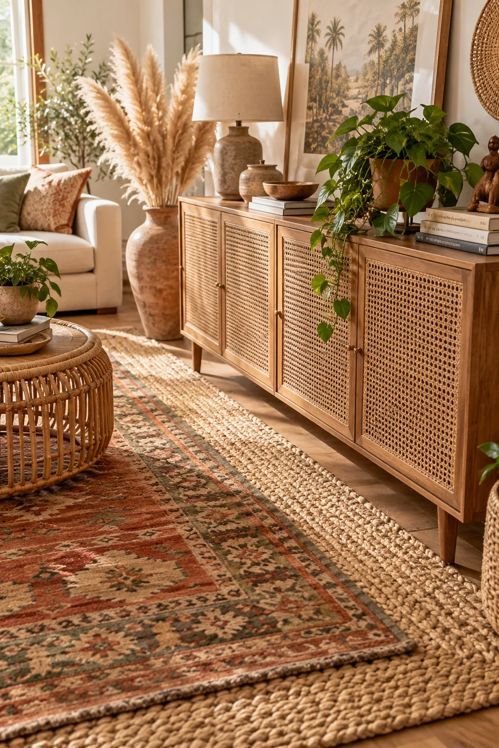 Round rattan coffee table sitting on a patterned kilim layered over a larger jute rug.