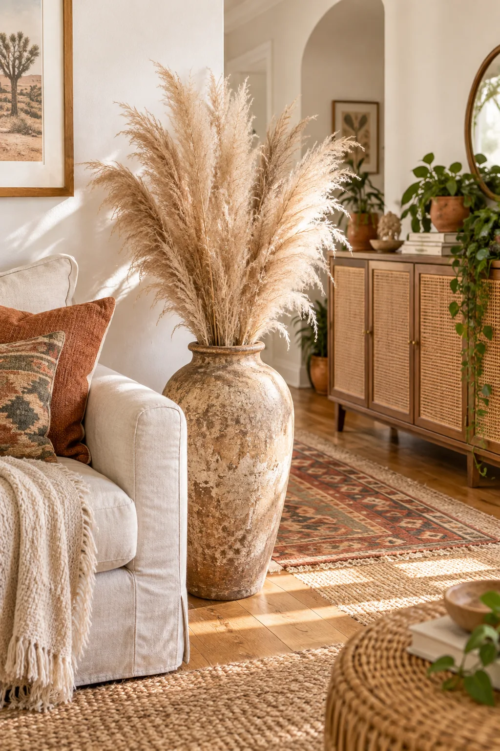 Wooden sideboard with two woven cane doors, topped with books and a potted trailing plant.